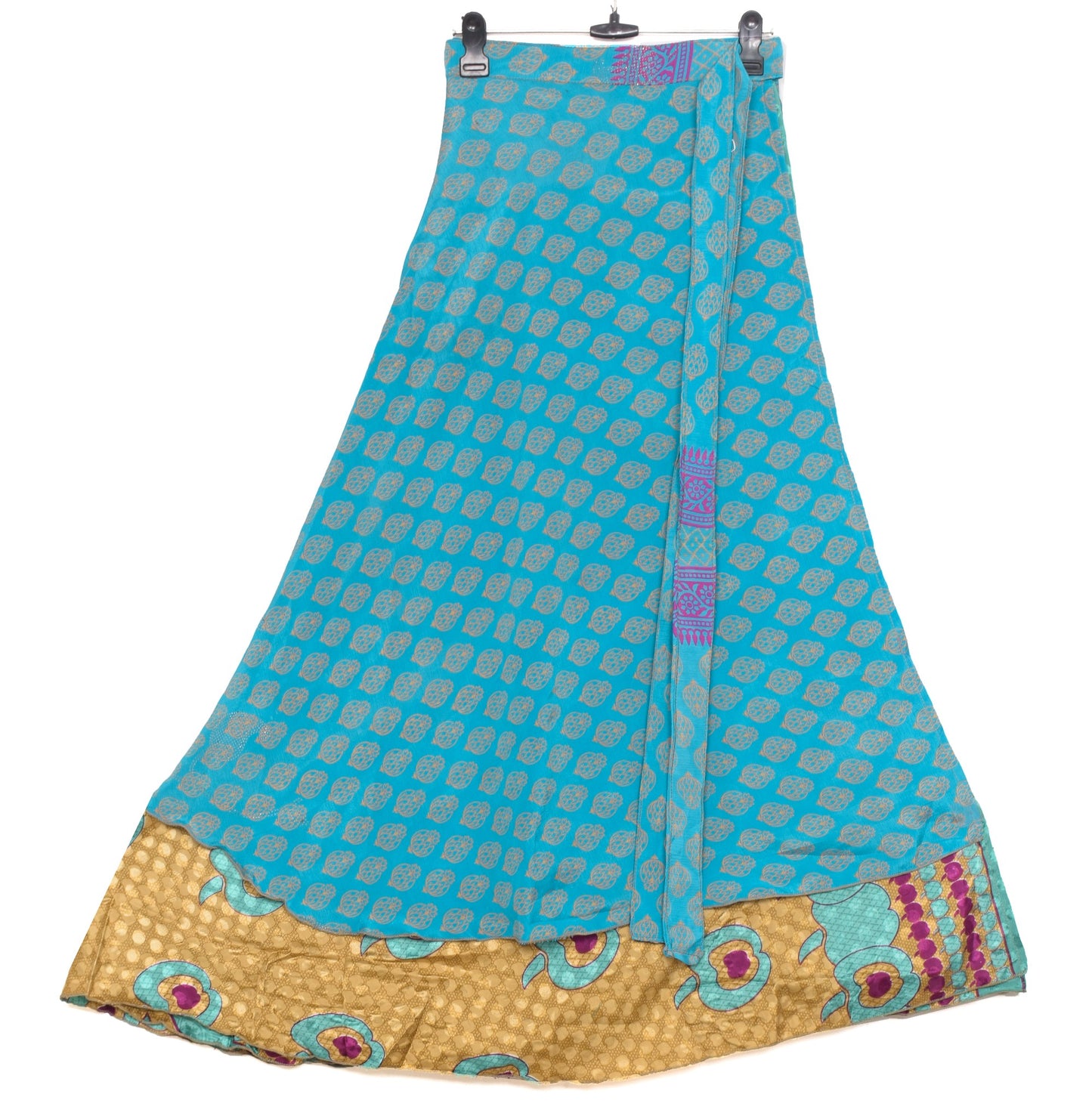 Sushila Vintage Art Silk Saree Magic Wrap Reversible Skirt Turq. Blue Beach Dress