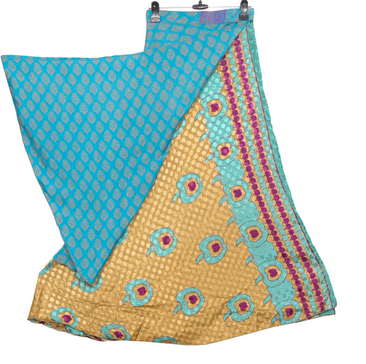 Sushila Vintage Art Silk Saree Magic Wrap Reversible Skirt Turq. Blue Beach Dress