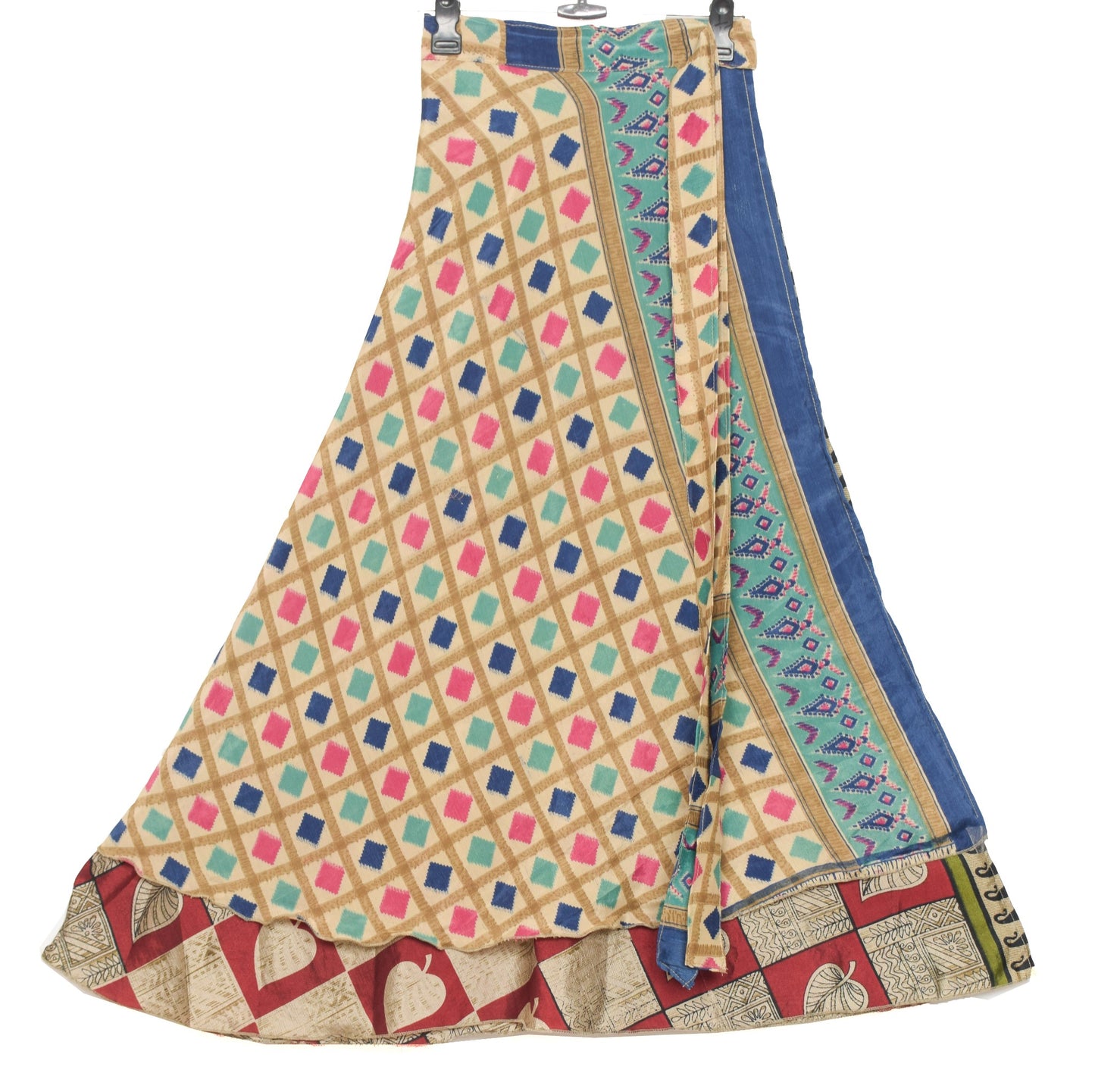Sushila Vintage Art Silk Saree Magic Wrap Reversible Checks Print Skirt Beach Dress