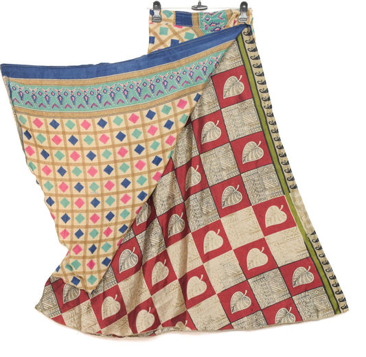 Sushila Vintage Art Silk Saree Magic Wrap Reversible Checks Print Skirt Beach Dress