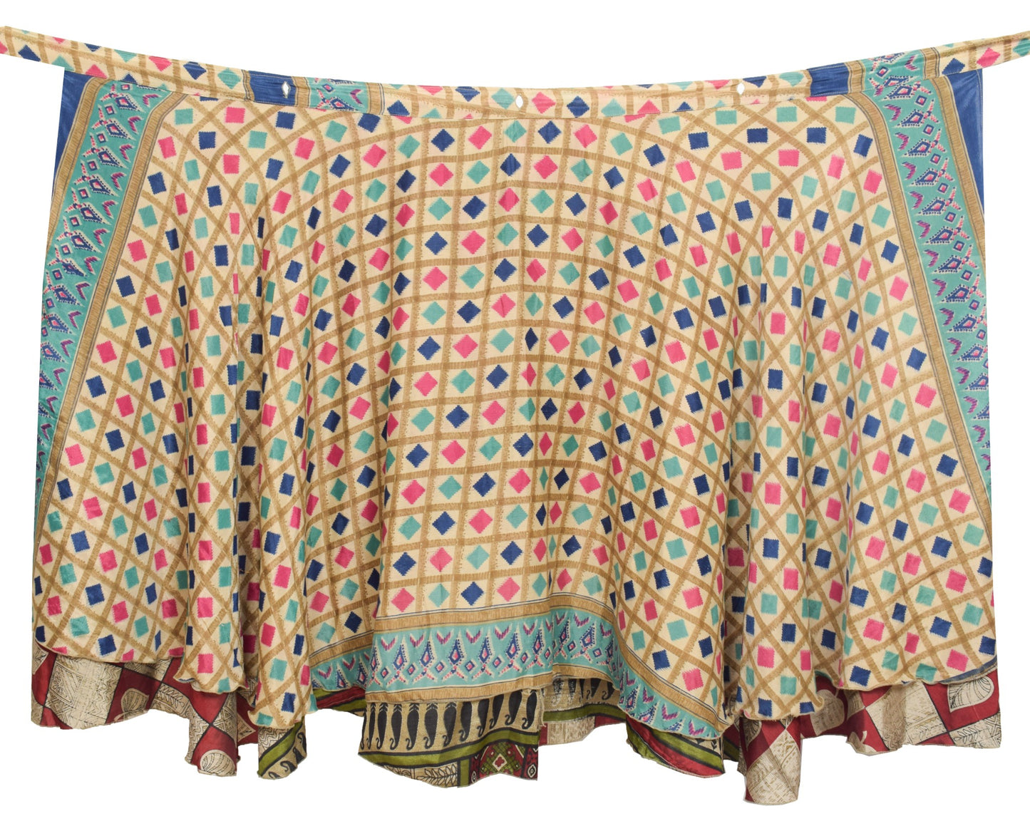 Sushila Vintage Art Silk Saree Magic Wrap Reversible Checks Print Skirt Beach Dress