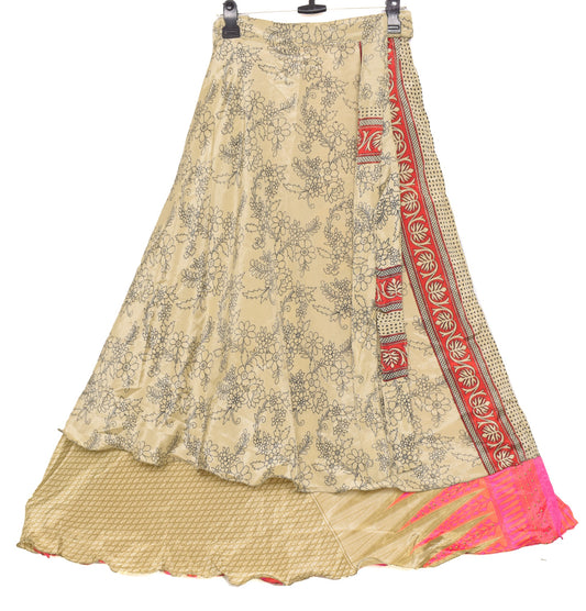 Sushila Vintage Light Brown Saree Magic Wrap Reversible Skirt Art Silk Beach Dress