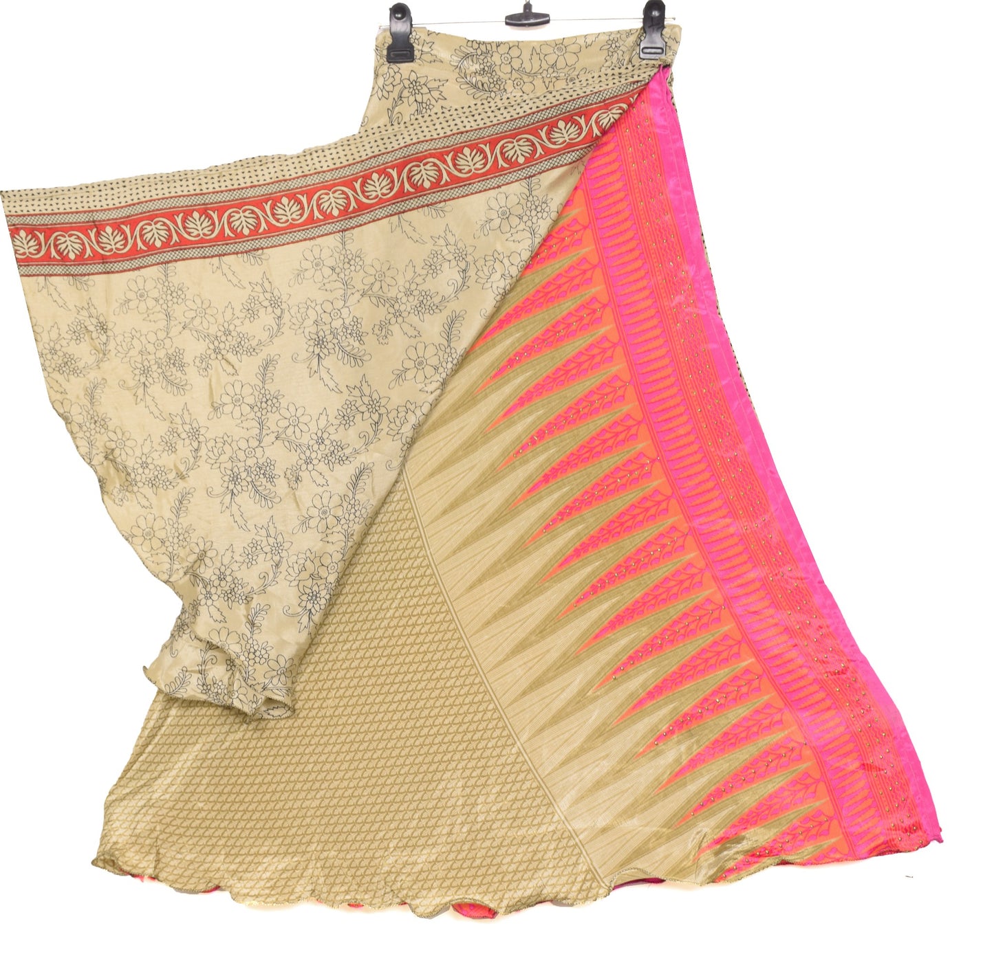 Sushila Vintage Light Brown Saree Magic Wrap Reversible Skirt Art Silk Beach Dress