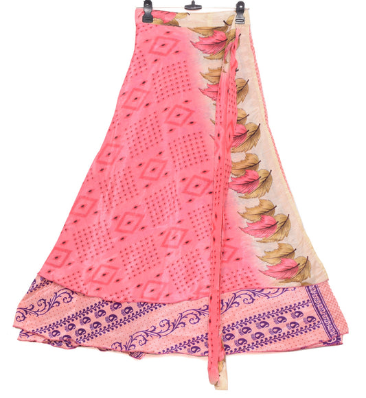 Sushila Vintage Pink Saree Magic Wrap Reversible Skirt Beach Dress Art Silk Floral