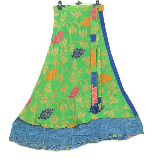 Sushila Vintage Blue Green Saree Magic Wrap Reversible Skirt Art Silk Beach Dress