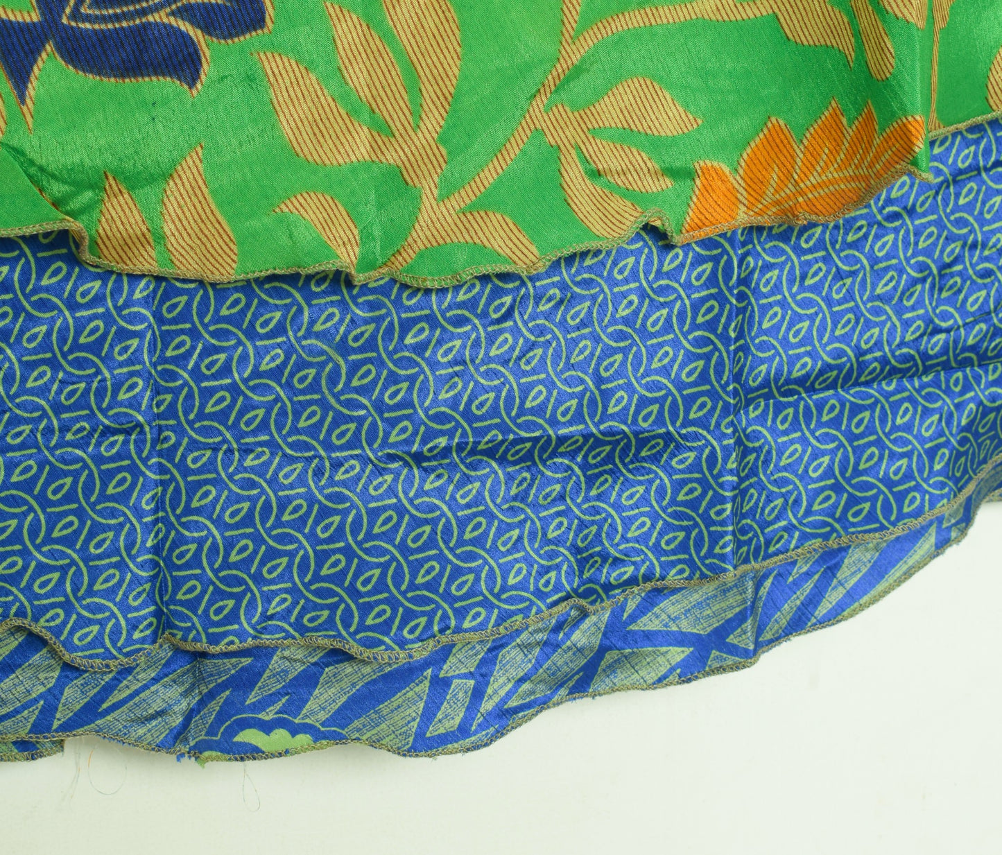 Sushila Vintage Blue Green Saree Magic Wrap Reversible Skirt Art Silk Beach Dress