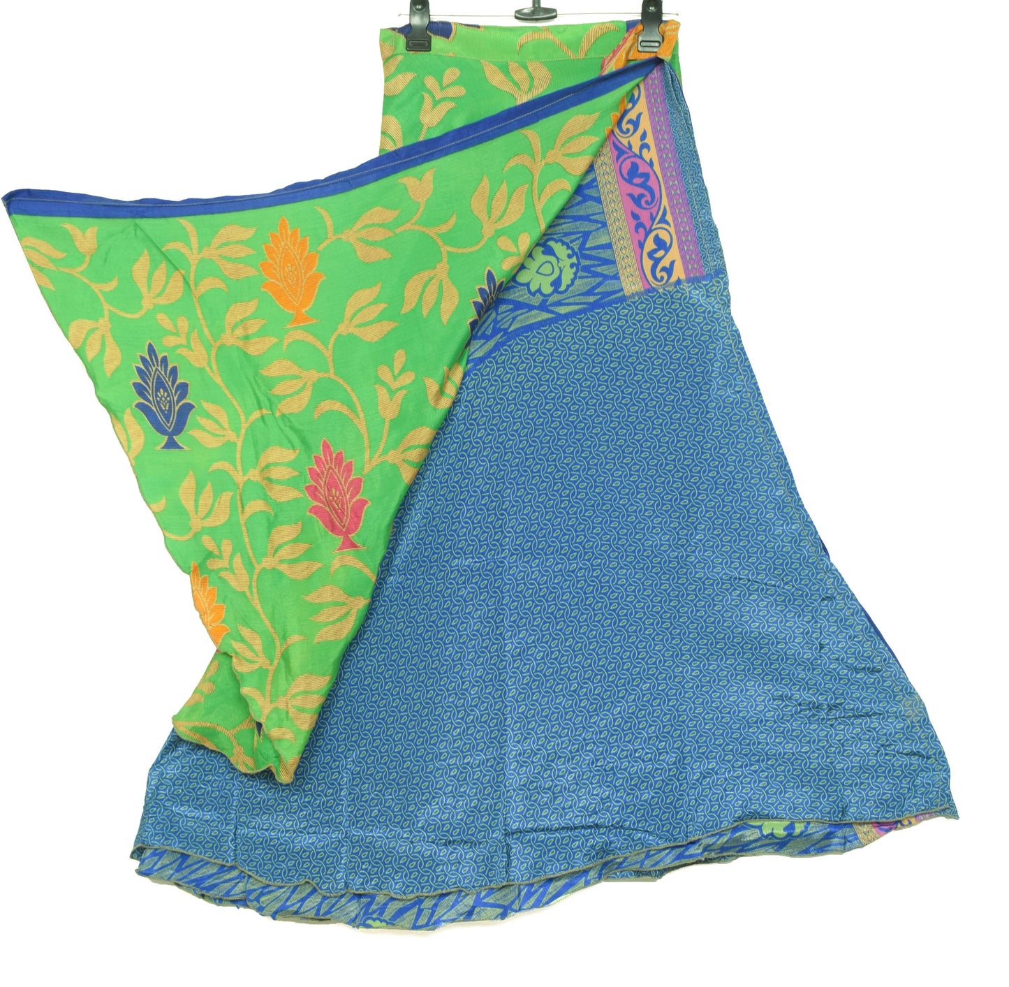 Sushila Vintage Blue Green Saree Magic Wrap Reversible Skirt Art Silk Beach Dress