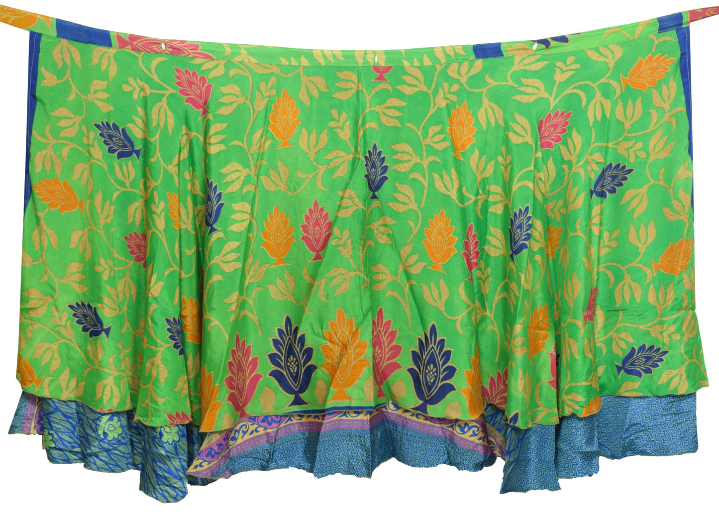Sushila Vintage Blue Green Saree Magic Wrap Reversible Skirt Art Silk Beach Dress