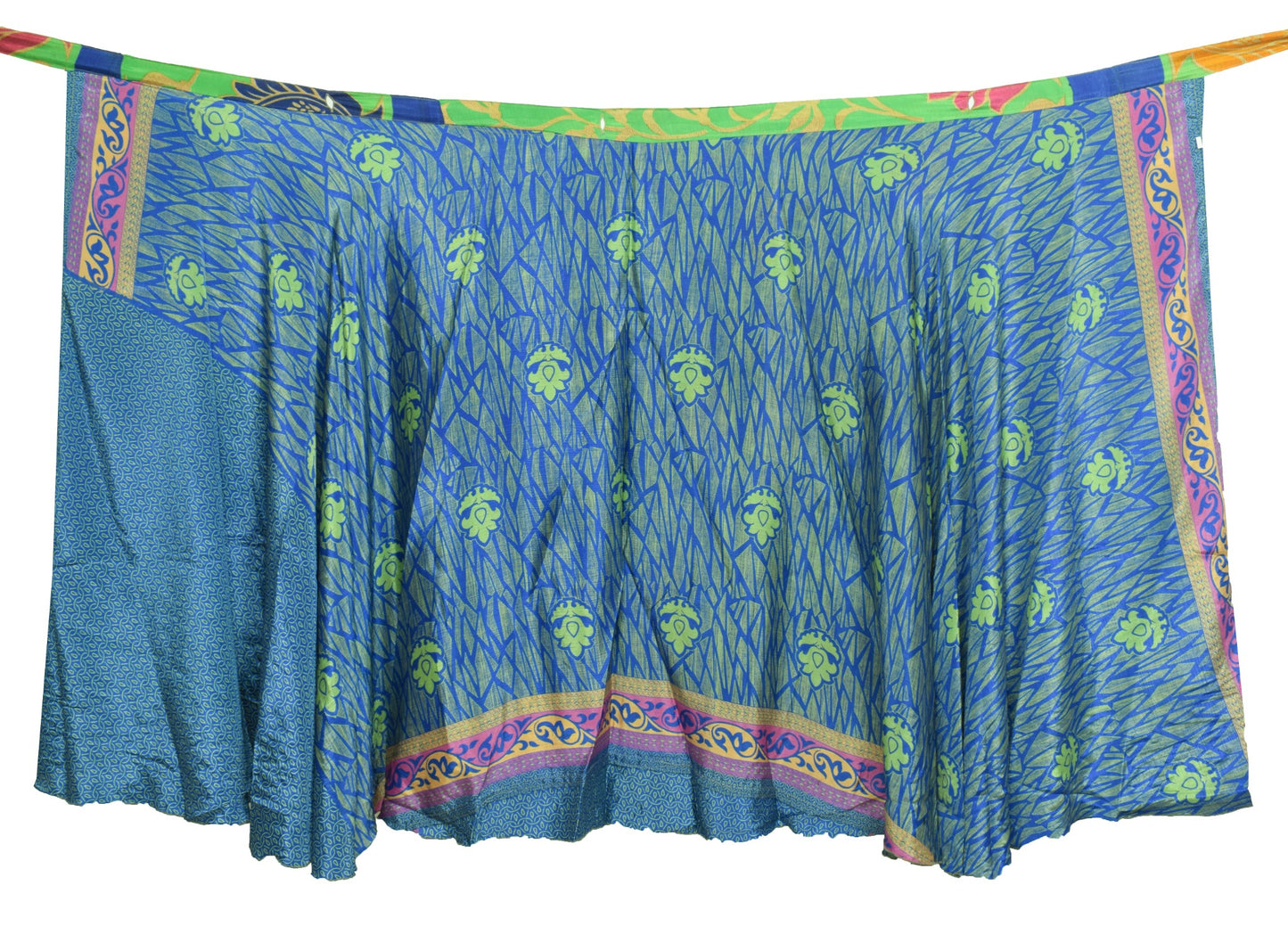 Sushila Vintage Blue Green Saree Magic Wrap Reversible Skirt Art Silk Beach Dress