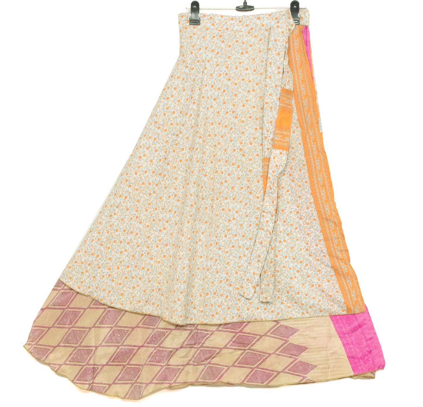 Sushila Vintage Art Silk Saree Magic Wrap Reversible Skirt Floral White Beach Dress
