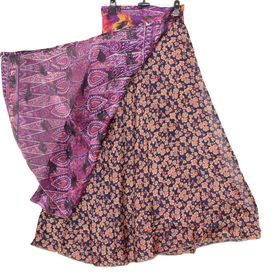 Sushila Vintage Silk Saree Magic Wrap Reversible Skirt Floral Blue Beach Dress
