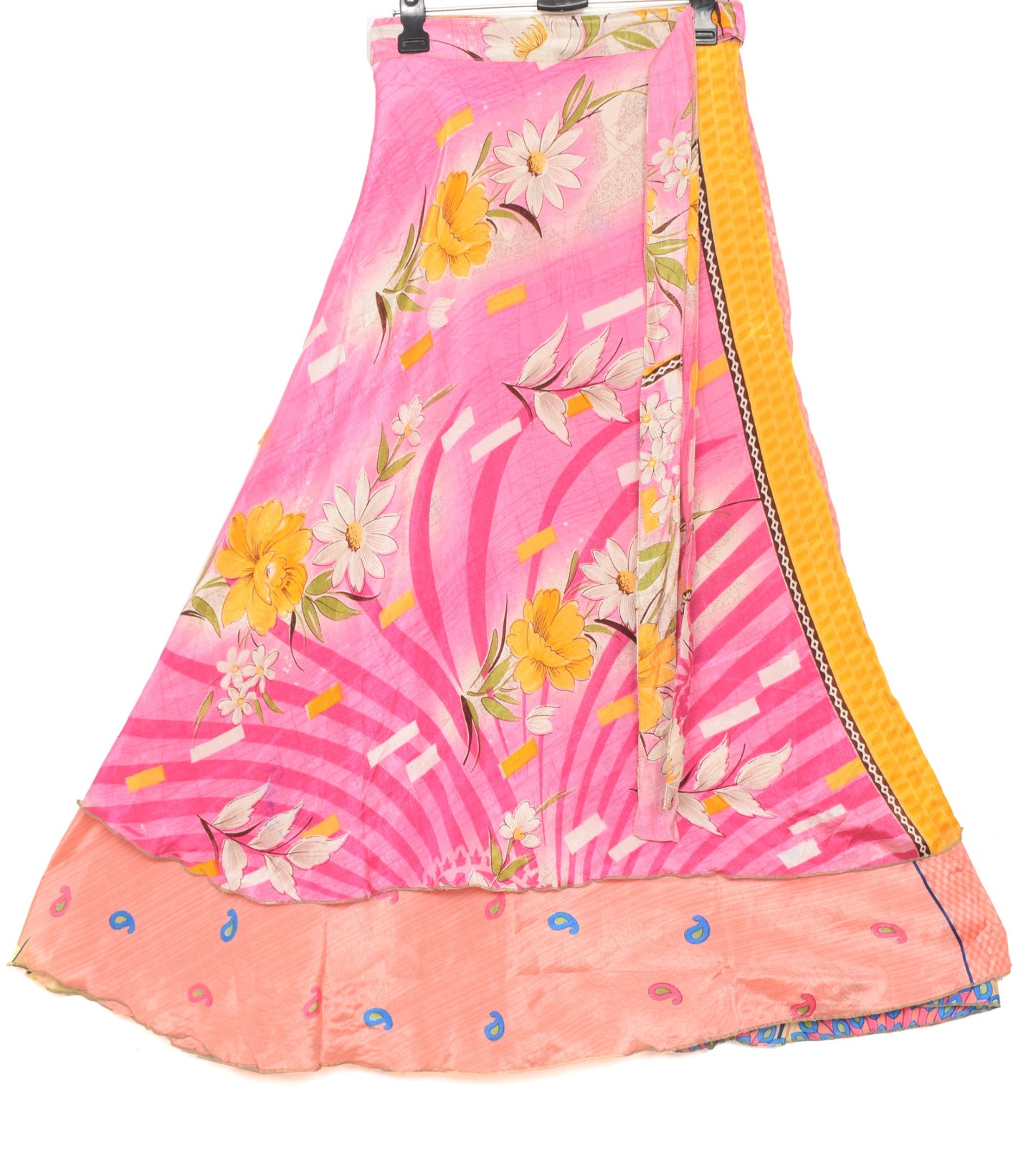 Sushila Vintage Peach Saree Magic Wrap Reversible Skirt Paisley Art Silk Beach Dress