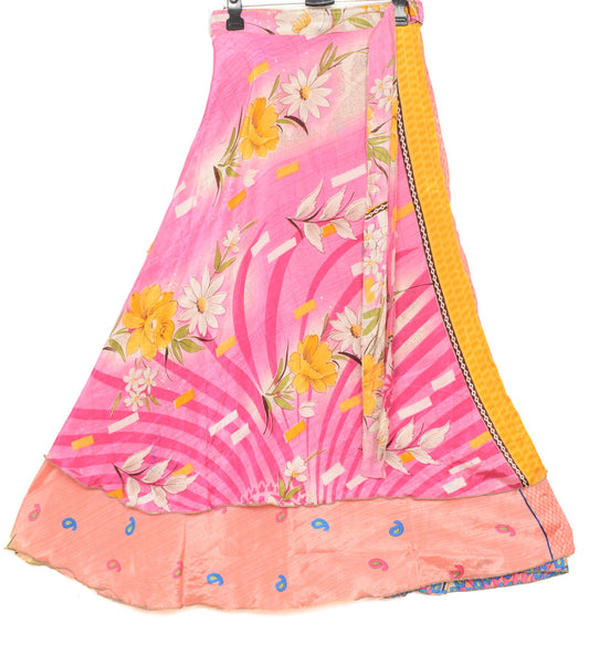 Sushila Vintage Peach Saree Magic Wrap Reversible Skirt Paisley Art Silk Beach Dress