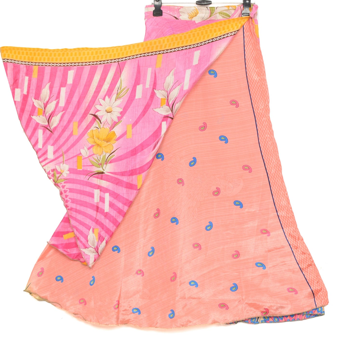 Sushila Vintage Peach Saree Magic Wrap Reversible Skirt Paisley Art Silk Beach Dress