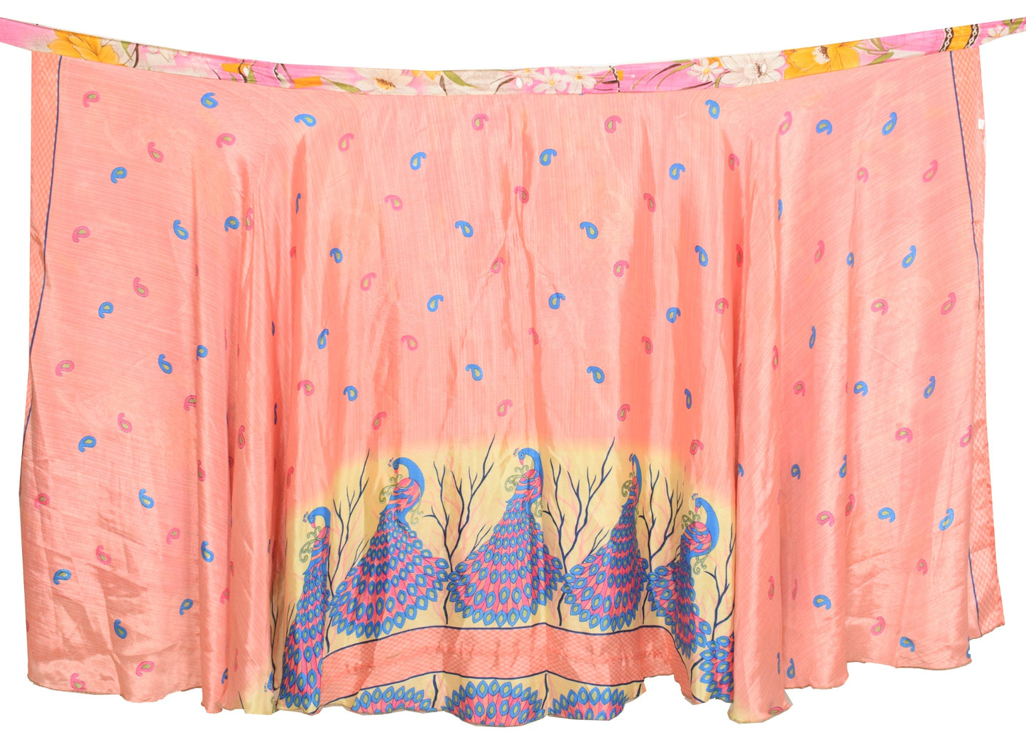 Sushila Vintage Peach Saree Magic Wrap Reversible Skirt Paisley Art Silk Beach Dress