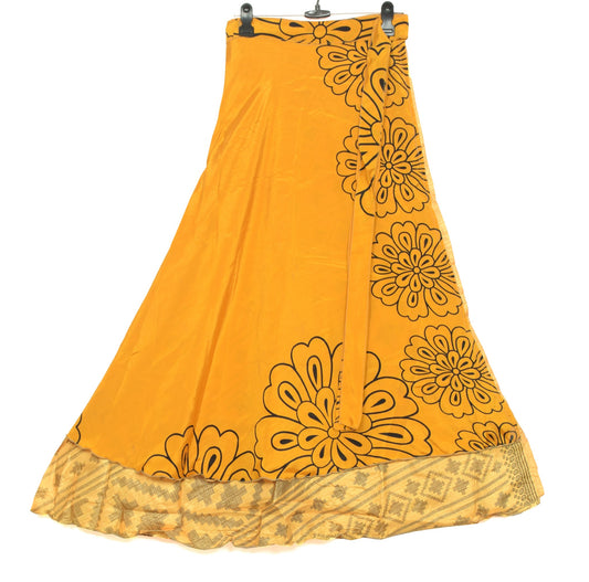Sushila Vintage 2 Layer Saree Magic Wrap Reversible Skirt Yellow Art Silk Beach Dress