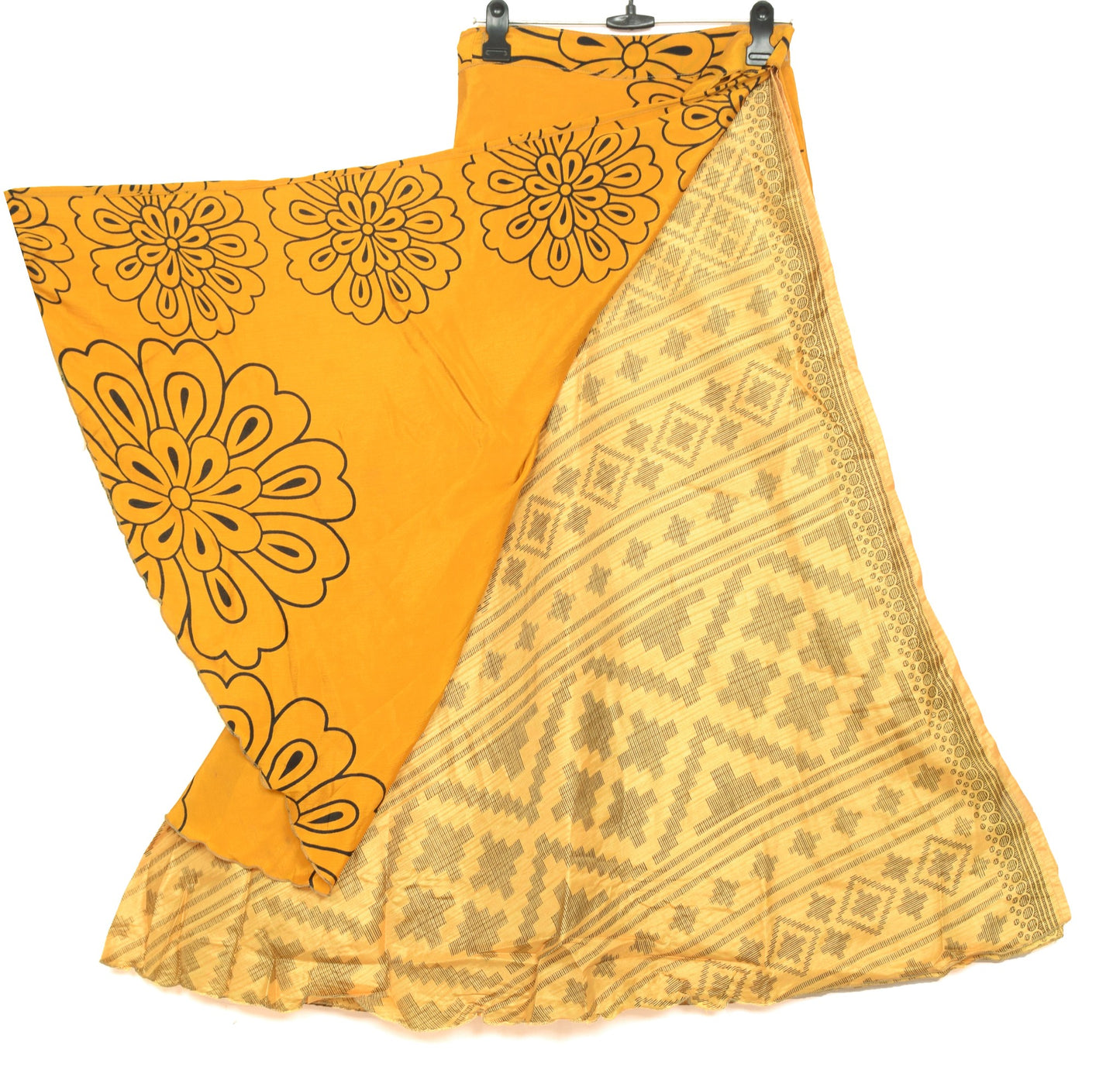 Sushila Vintage 2 Layer Saree Magic Wrap Reversible Skirt Yellow Art Silk Beach Dress