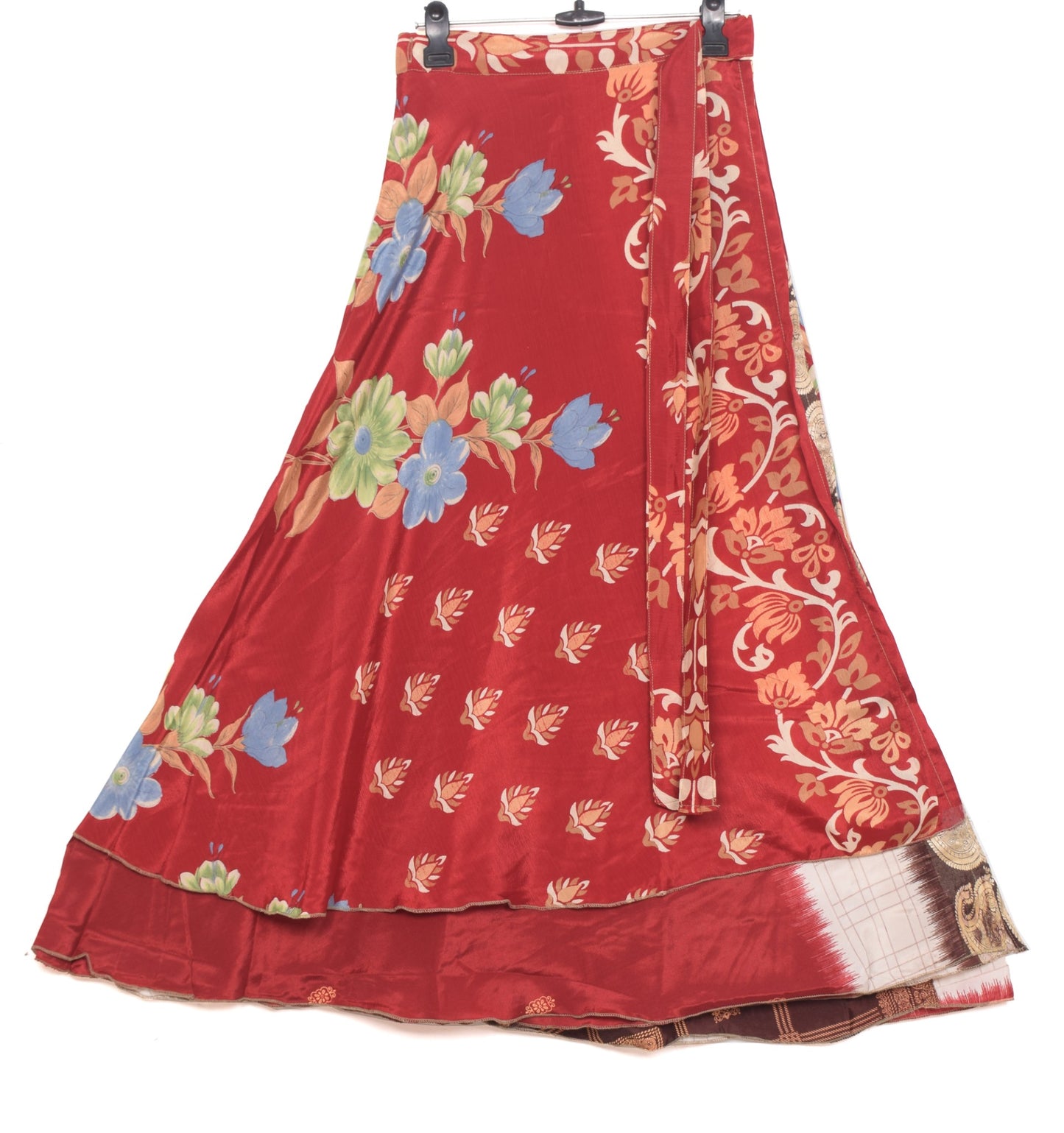 Sushila Vintage Art Silk Saree Magic Wrap Reversible Skirt Beach Dress Floral Maroon