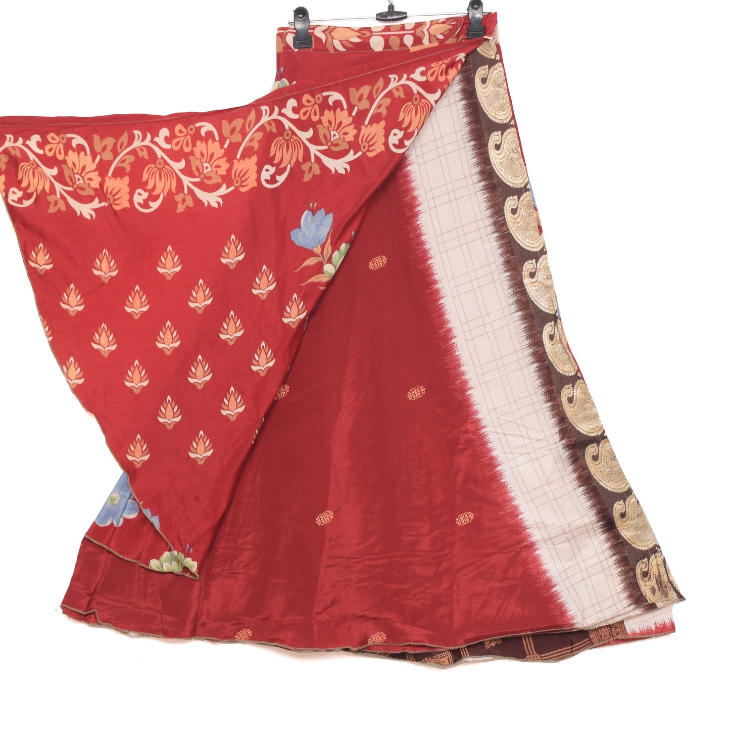Sushila Vintage Art Silk Saree Magic Wrap Reversible Skirt Beach Dress Floral Maroon
