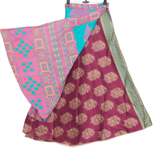 Sushila Vintage Floral Art Silk Saree Magic Wrap Reversible Skirt Pink Beach Dress