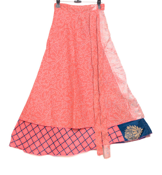 Sushila Vintage Magic Wrap Checks Pink Saree Reversible Skirt Art Silk Beach Dress