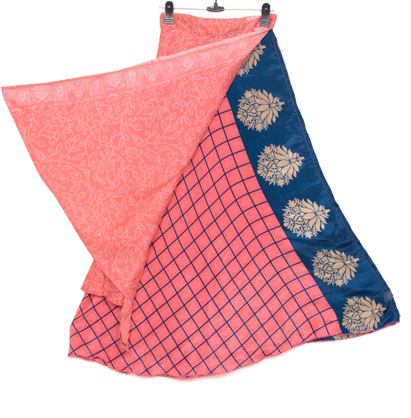 Sushila Vintage Magic Wrap Checks Pink Saree Reversible Skirt Art Silk Beach Dress