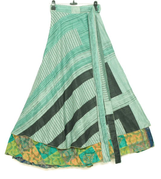Sushila Vintage Floral Saree Magic Wrap Reversible Skirt Green Art Silk Beach Dress
