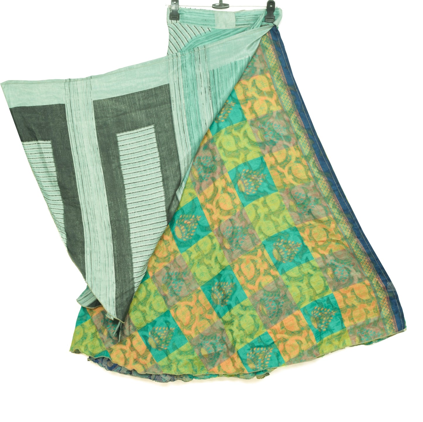Sushila Vintage Floral Saree Magic Wrap Reversible Skirt Green Art Silk Beach Dress
