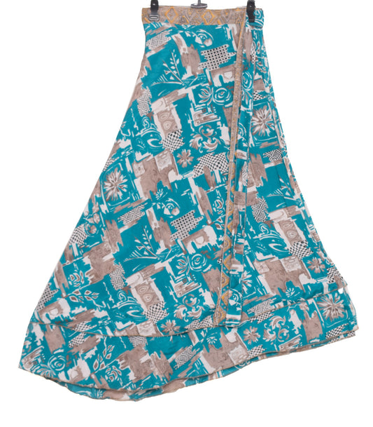 Sushila Vintage Teal Blue Silk Saree Magic Wrap Reversible Skirt Beach Dress