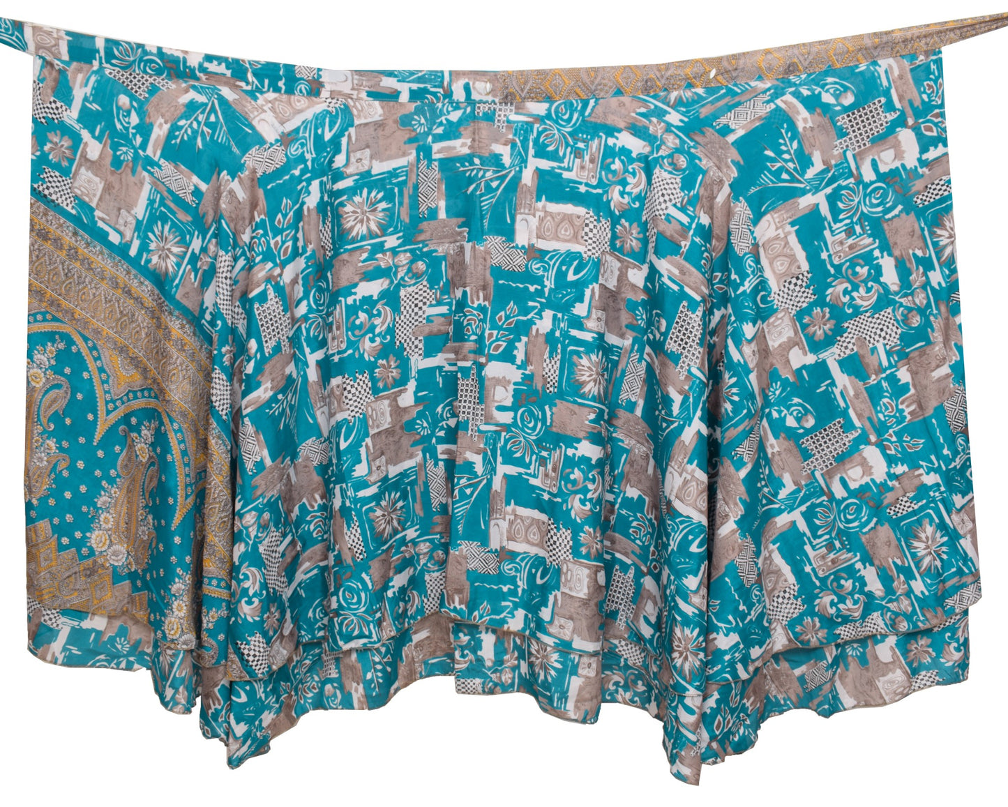 Sushila Vintage Teal Blue Saree Magic Wrap Reversible Skirt Art Silk Beach Dress
