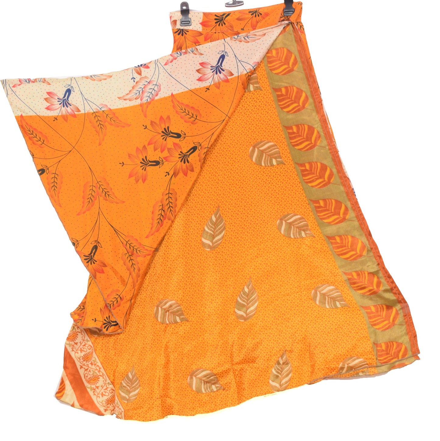 Sushila Vintage Floral Art Silk Saree Magic Wrap Reversible Skirt Yellow Beach Dress
