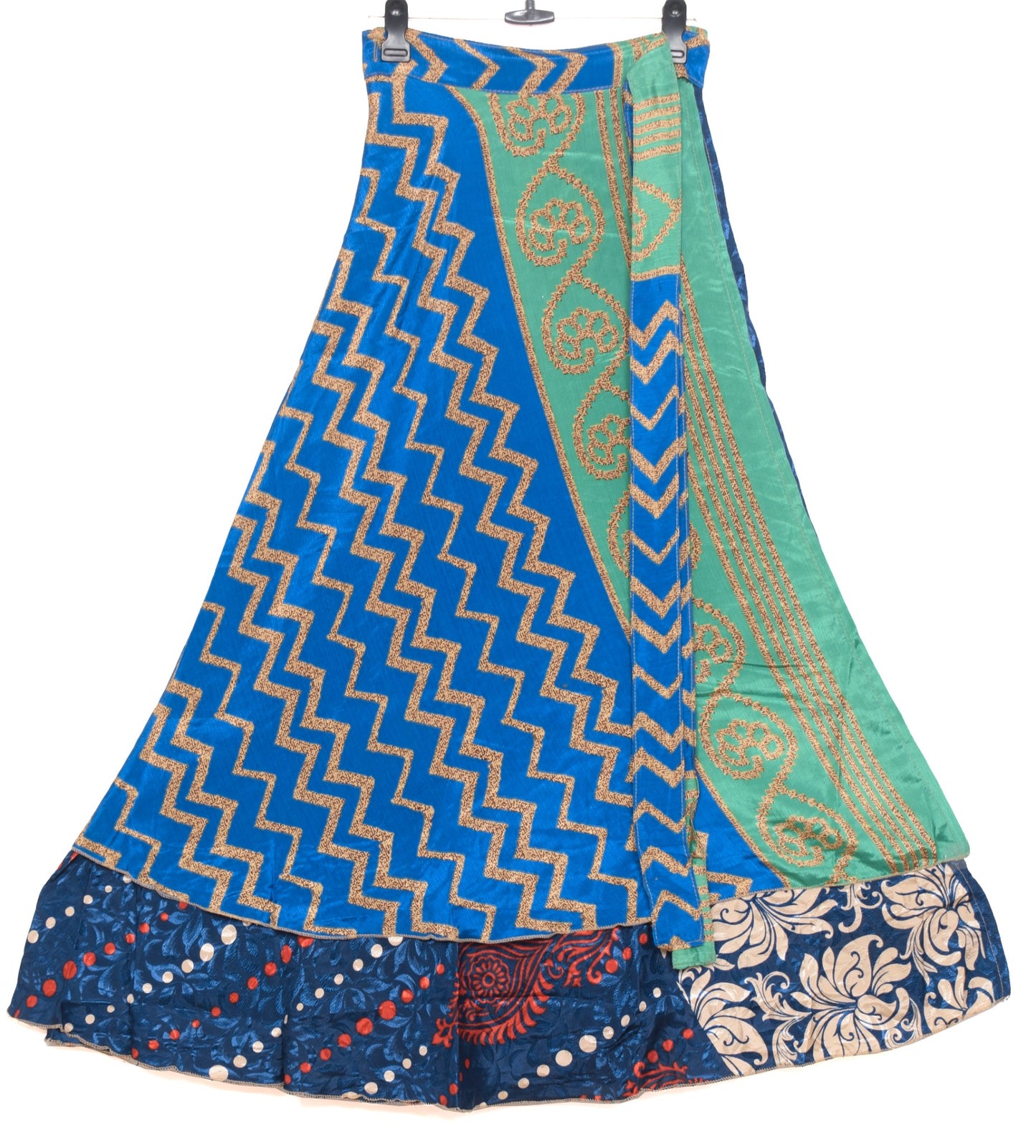 Sushila Vintage Blue Art Silk Saree Magic Wrap 2 Layer Reversible Skirt Beach Dress
