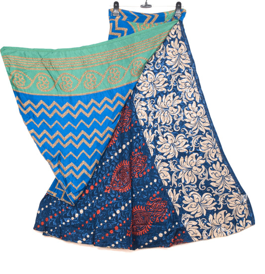 Sushila Vintage Blue Art Silk Saree Magic Wrap 2 Layer Reversible Skirt Beach Dress