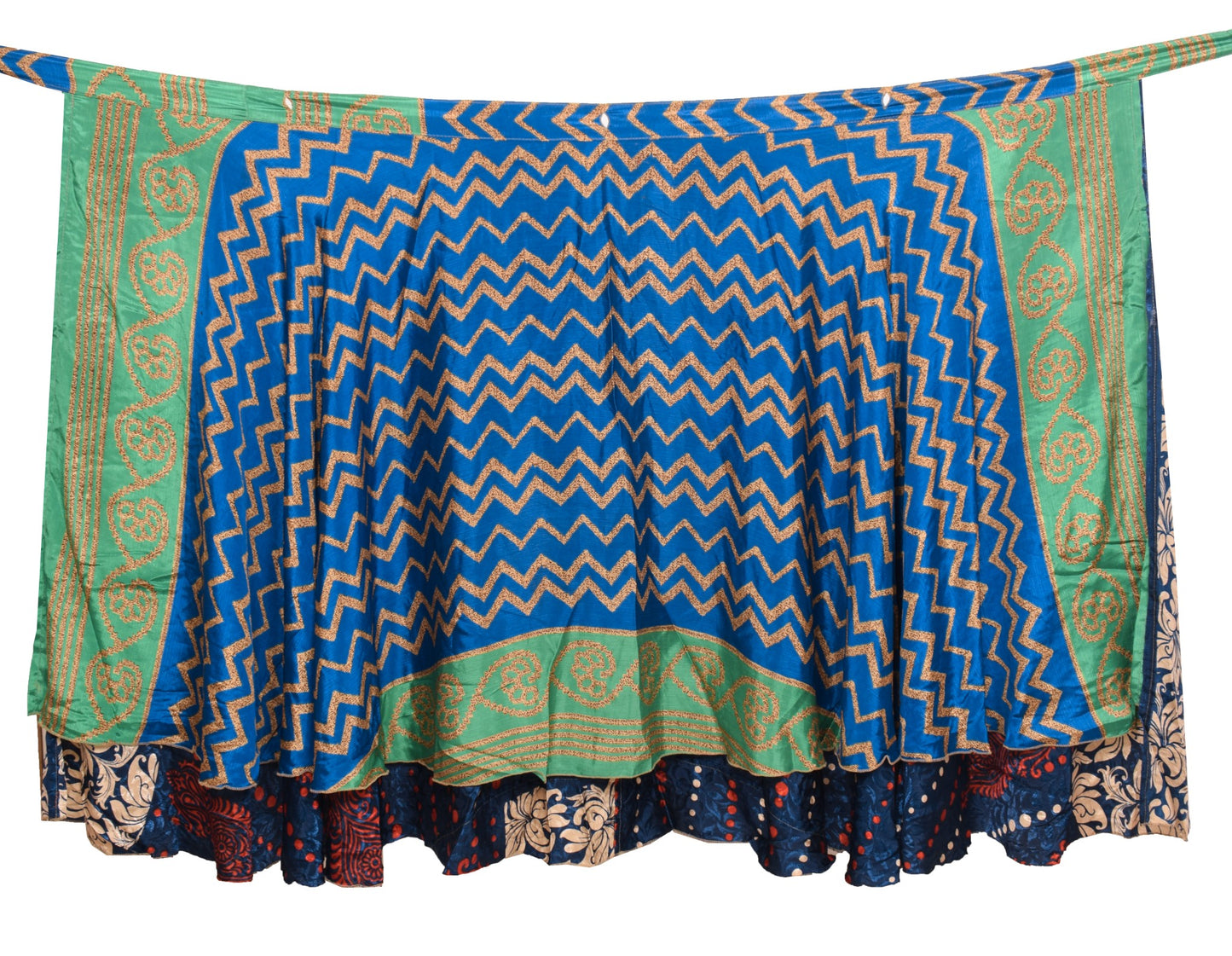 Sushila Vintage Blue Art Silk Saree Magic Wrap 2 Layer Reversible Skirt Beach Dress