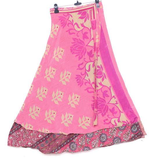 Sushila Vintage Pink Saree Magic Wrap Reversible Skirt Beach Art Silk Dress Clothing