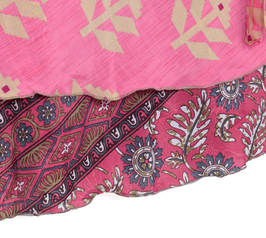 Sushila Vintage Pink Saree Magic Wrap Reversible Skirt Beach Art Silk Dress Clothing
