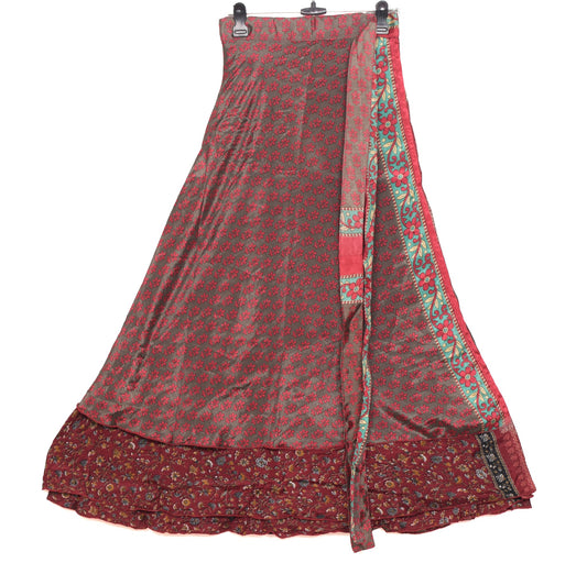 Sushila Vintage Dark Maroon Saree Magic Wrap Art Silk Reversible Skirt Beach Dress
