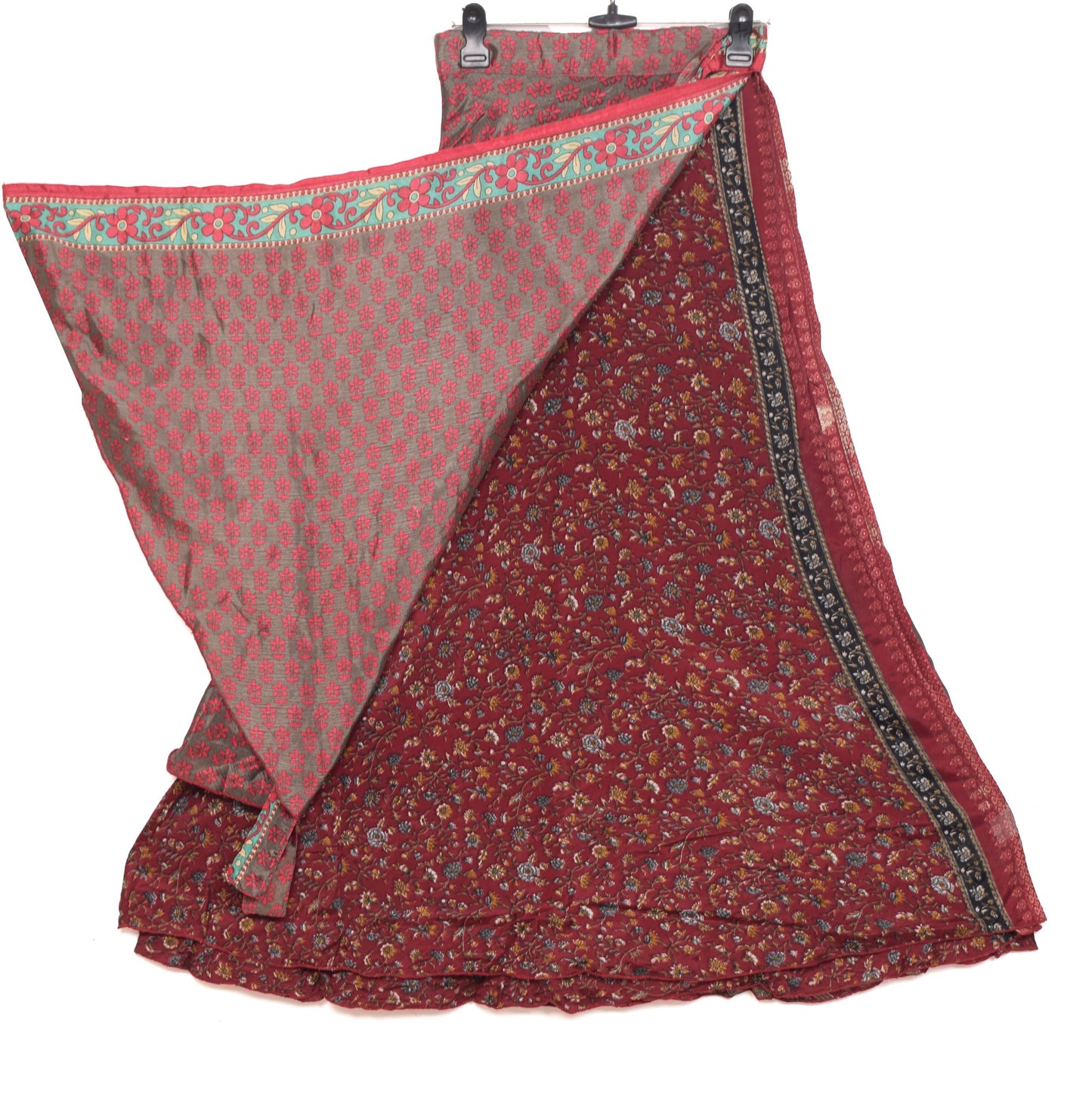 Sushila Vintage Dark Maroon Saree Magic Wrap Art Silk Reversible Skirt Beach Dress