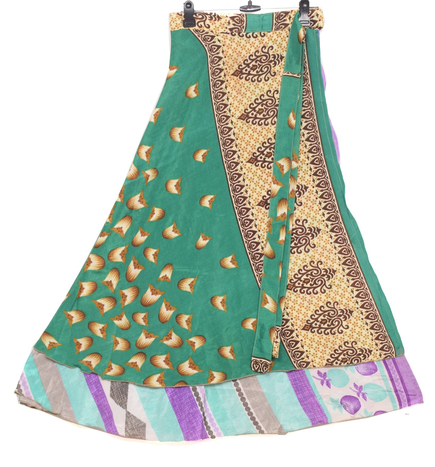 Sushila Vintage Green Saree Magic Wrap Reversible Skirt Art Silk Beach Dress Hippie