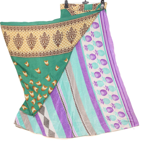 Sushila Vintage Green Saree Magic Wrap Reversible Skirt Art Silk Beach Dress Hippie