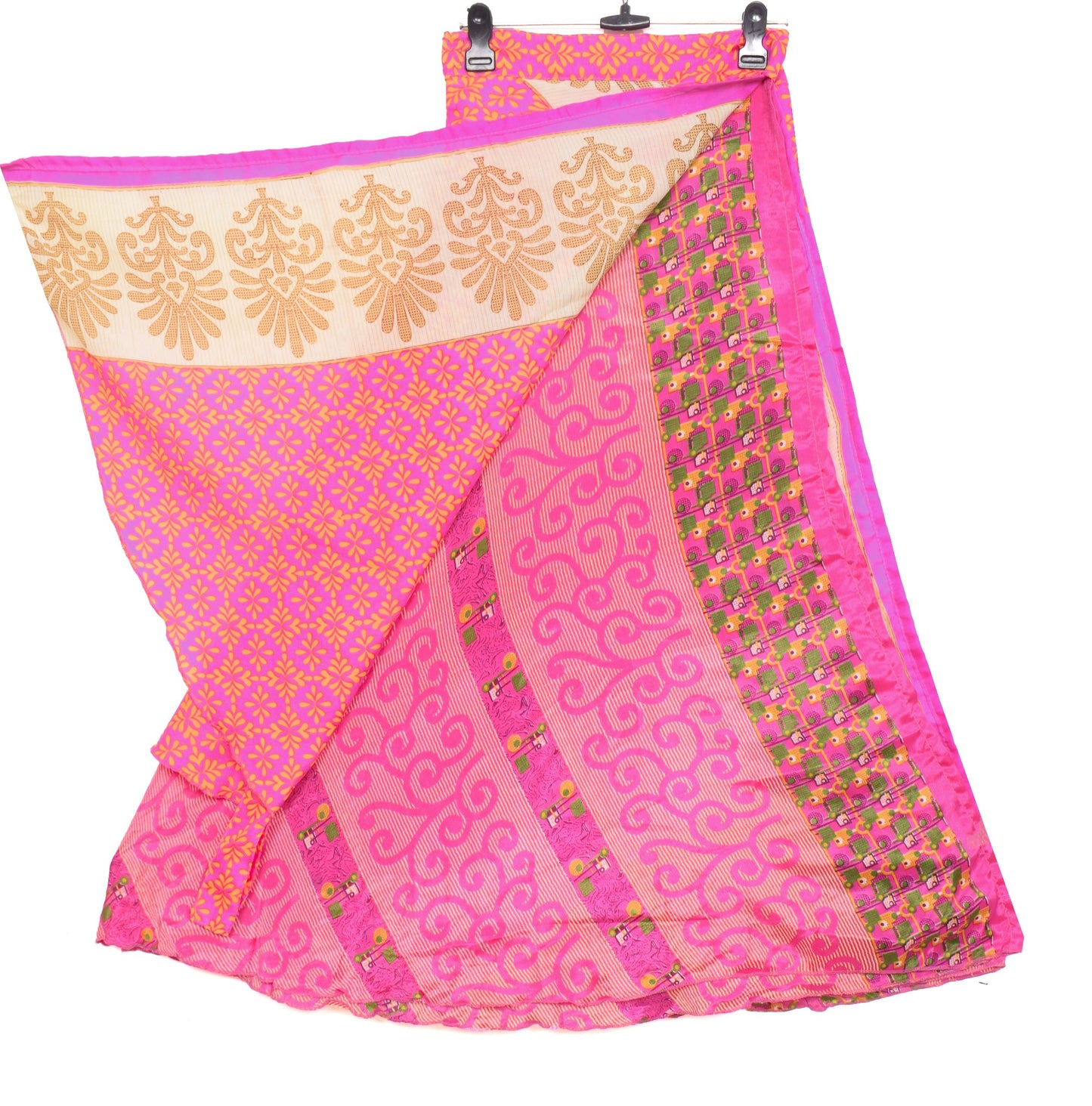 Sushila Vintage Art Silk Saree Magic Wrap Reversible Pink Floral Skirt Beach Dress
