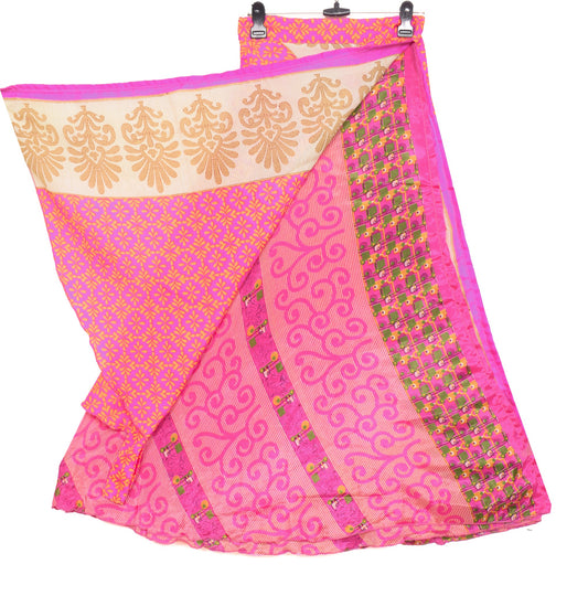 Sushila Vintage Art Silk Saree Magic Wrap Reversible Pink Floral Skirt Beach Dress