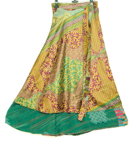 Sushila Vintage Dark Green Saree Magic Wrap Reversible Skirt Art Silk Beach Dress