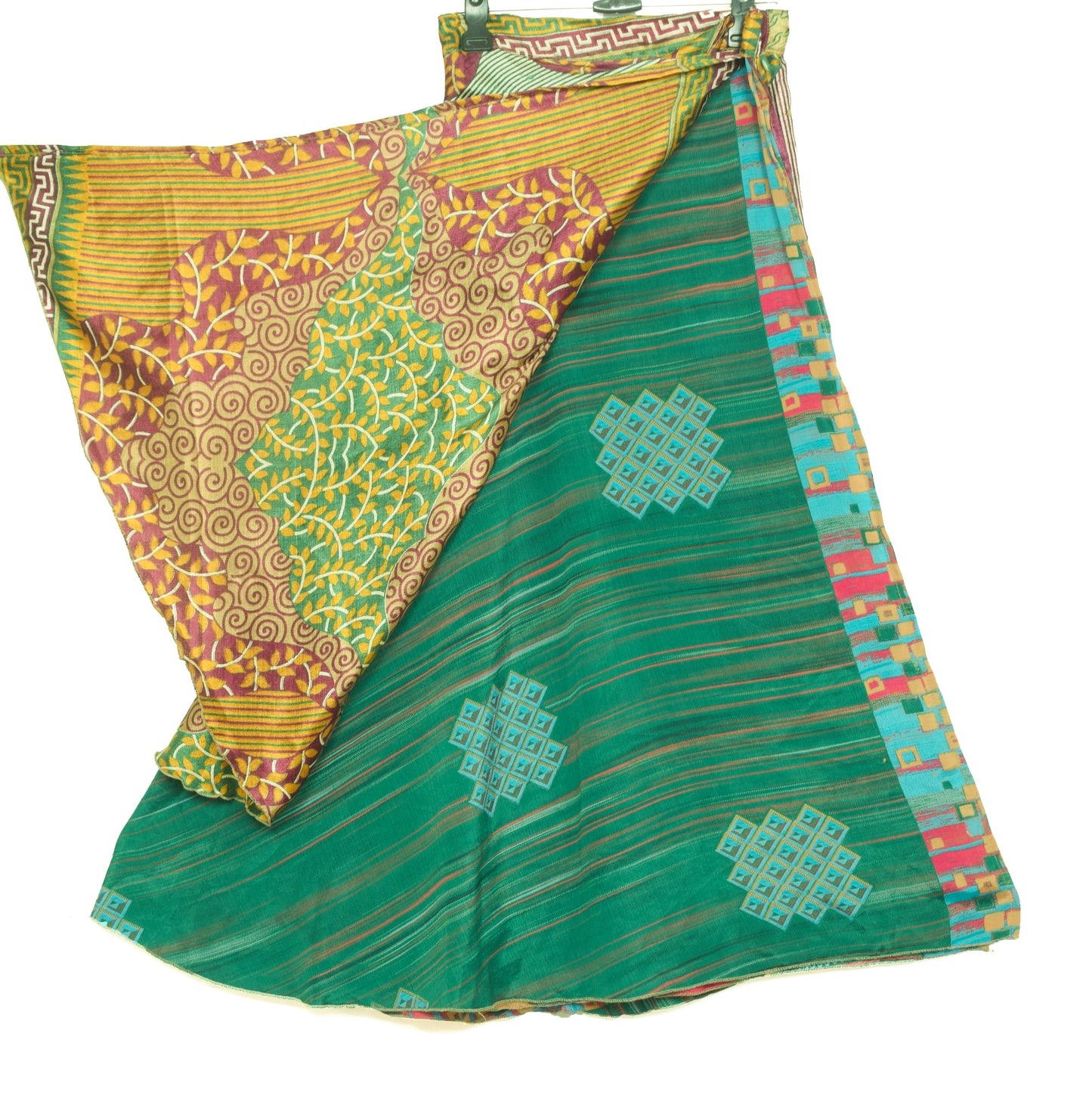 Sushila Vintage Dark Green Saree Magic Wrap Reversible Skirt Art Silk Beach Dress