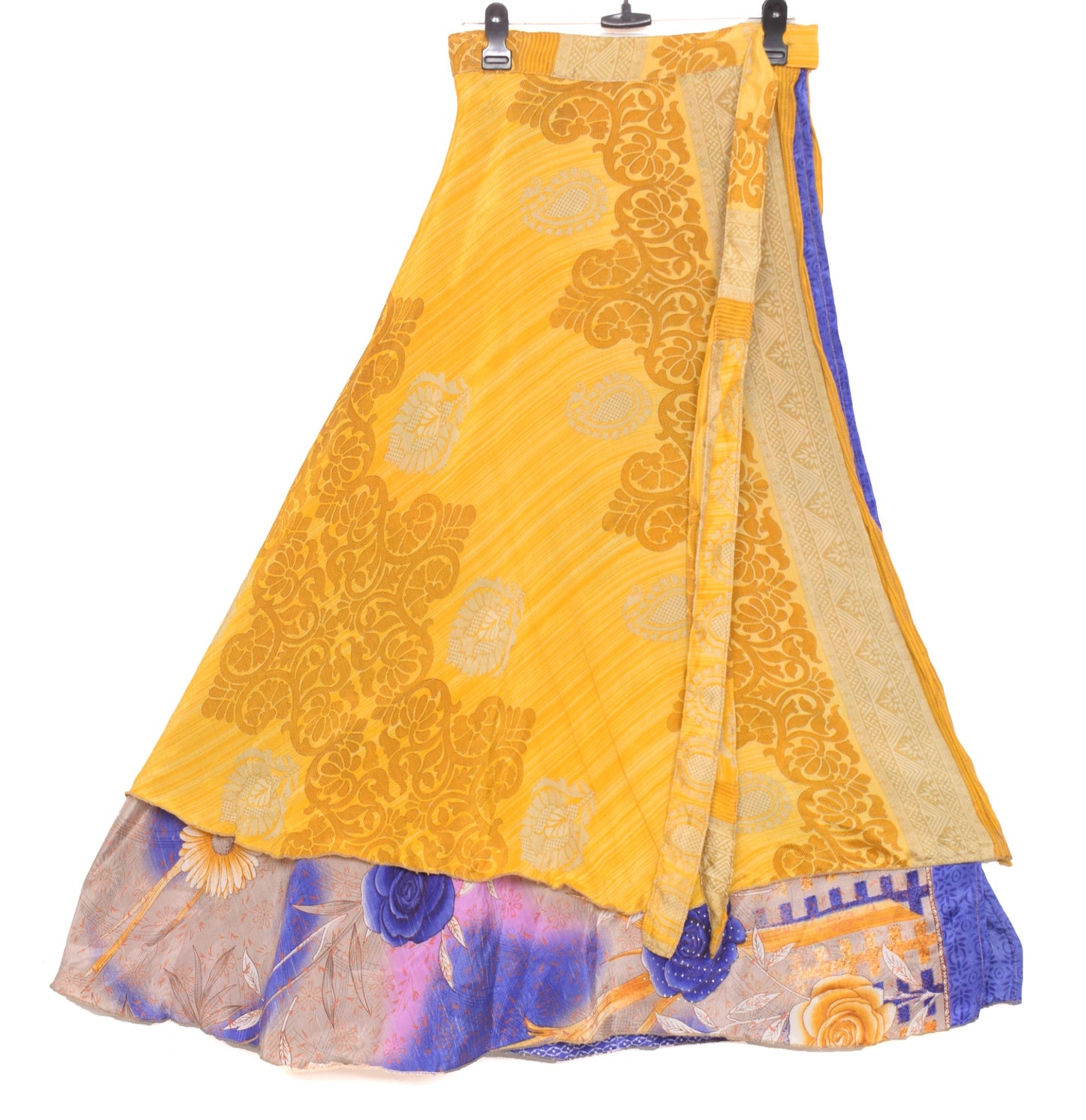 Sushila Vintage Yellow Saree Magic Wrap Reversible Skirt Beach Dress Art Silk Boho