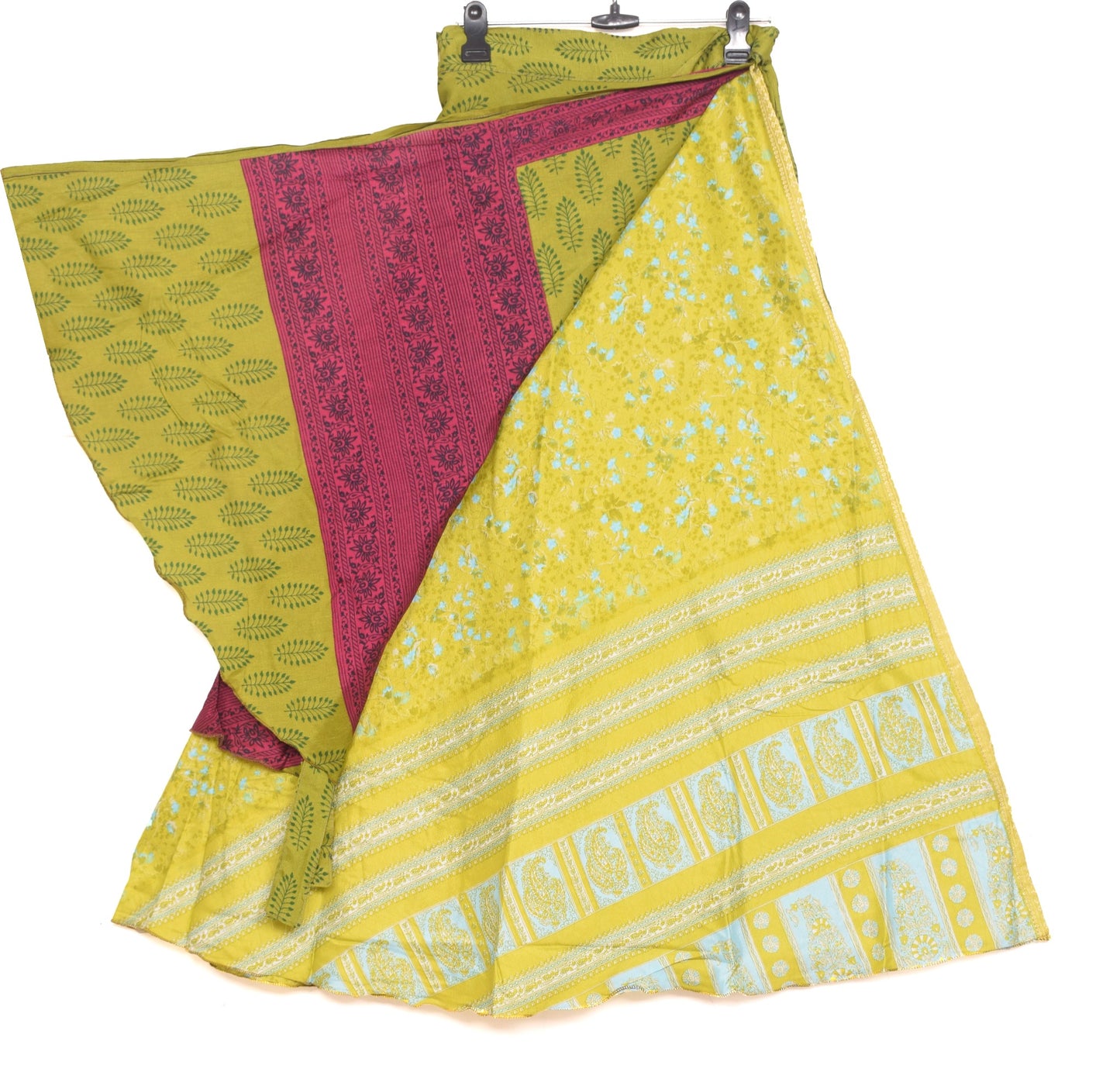 Sushila Vintage Art Silk Saree Magic Wrap Reversible Skirt Floral Green Beach Dress