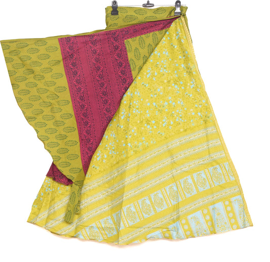 Sushila Vintage Art Silk Saree Magic Wrap Reversible Skirt Floral Green Beach Dress