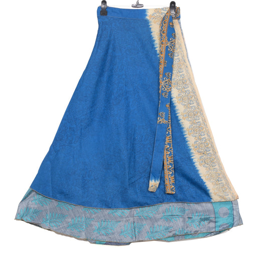 Sushila Vintage Art Silk Saree Magic Wrap Reversible Skirt Blue Beach Dress Boho