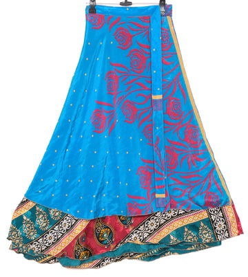 Sushila Vintage Turq Blue Art Silk Sari Magic Wrap Reversible Skirt Beach Dress