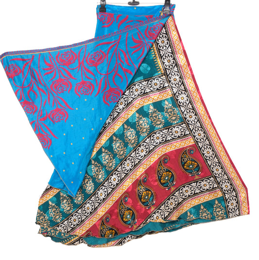 Sushila Vintage Turq Blue Art Silk Sari Magic Wrap Reversible Skirt Beach Dress